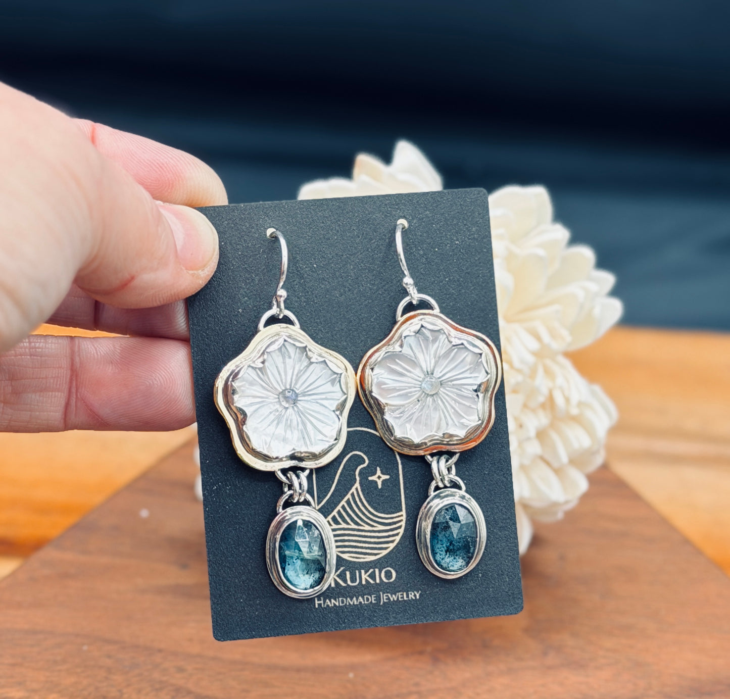 Mother of Pearl Plumeria Flower and Teal Moss Kyanite Earrings