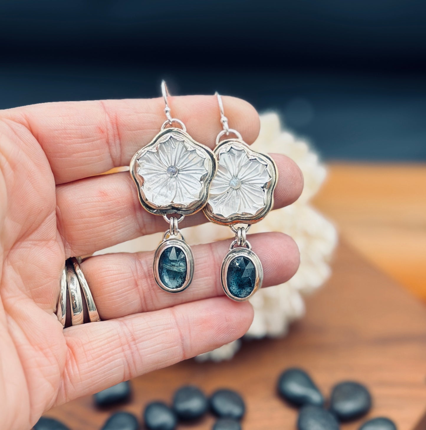 Mother of Pearl Plumeria Flower and Teal Moss Kyanite Earrings