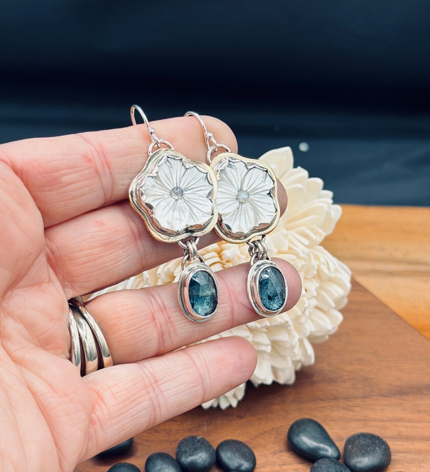 Mother of Pearl Plumeria Flower and Teal Moss Kyanite Earrings
