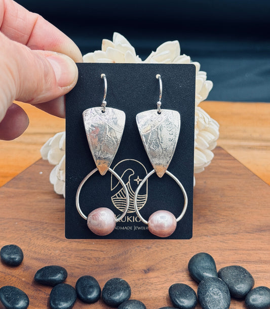 Patterned Sterling Silver Pink Edison Pearl Drop Earrings