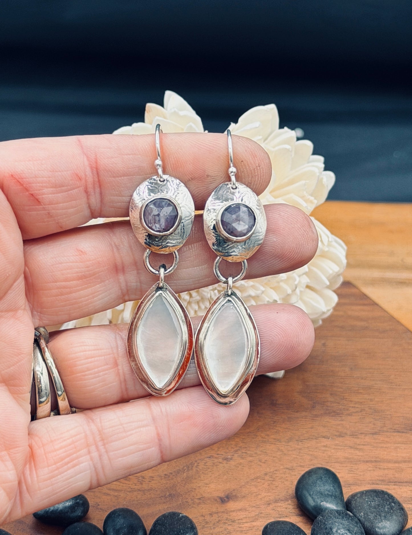 Sterling Silver Mother of Pearl and Silky Ruby Earrings