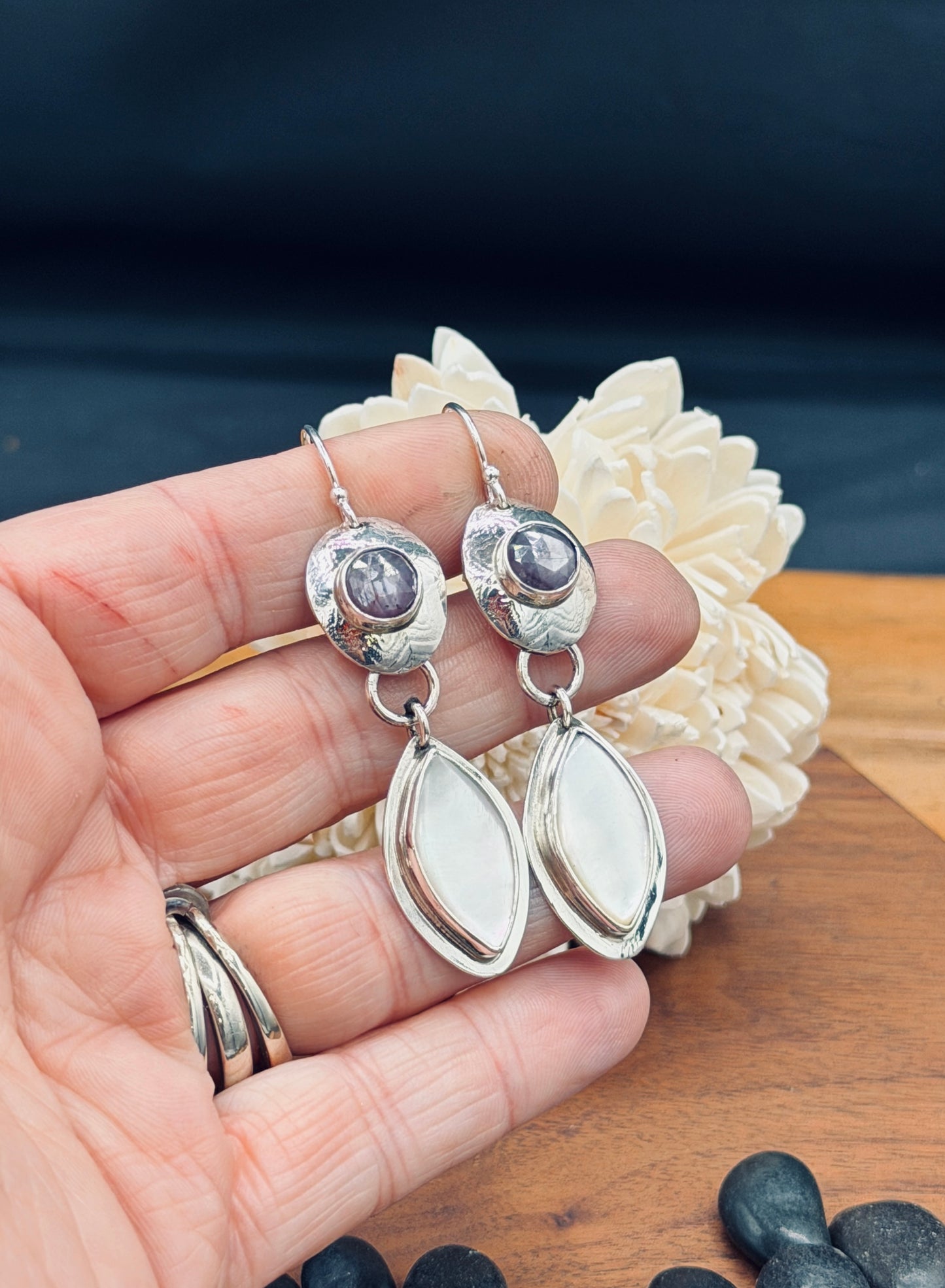 Sterling Silver Mother of Pearl and Silky Ruby Earrings