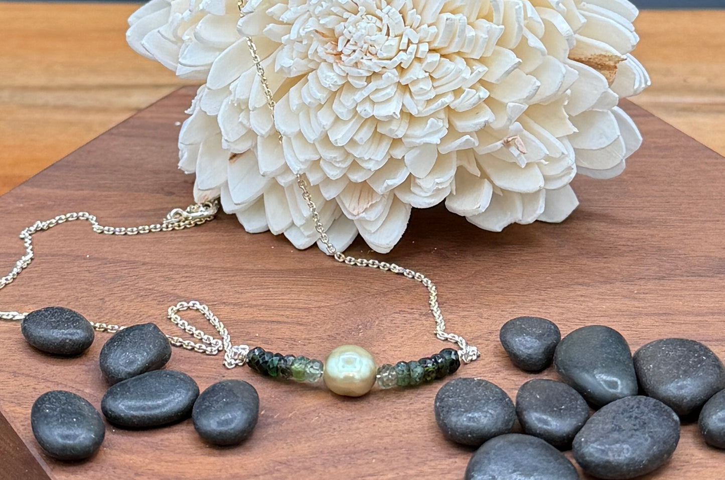 Olive Pearl and Ombre Green Tourmaline Sterling Silver Necklace