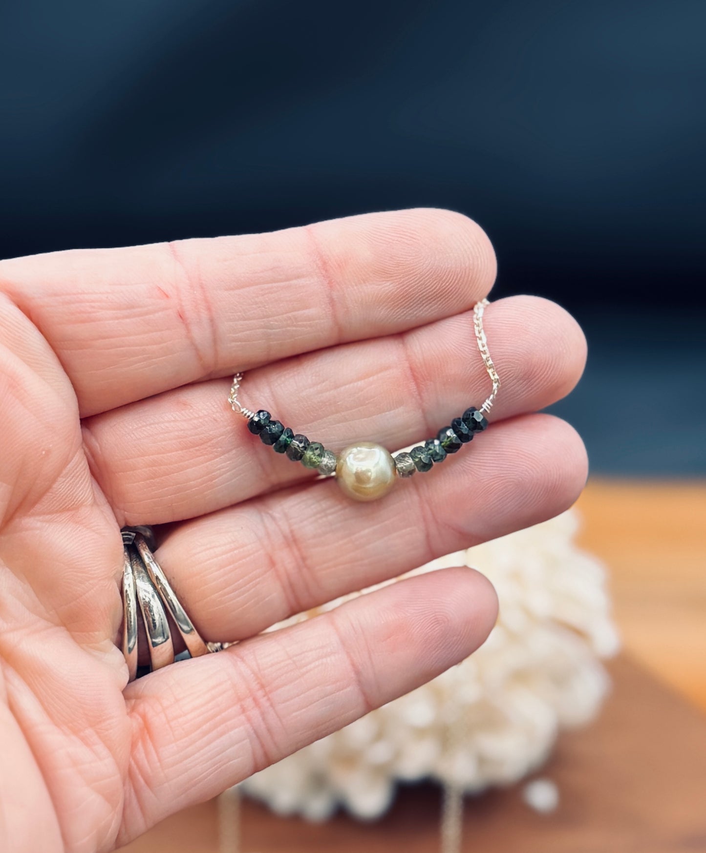 Olive Pearl and Ombre Green Tourmaline Sterling Silver Necklace