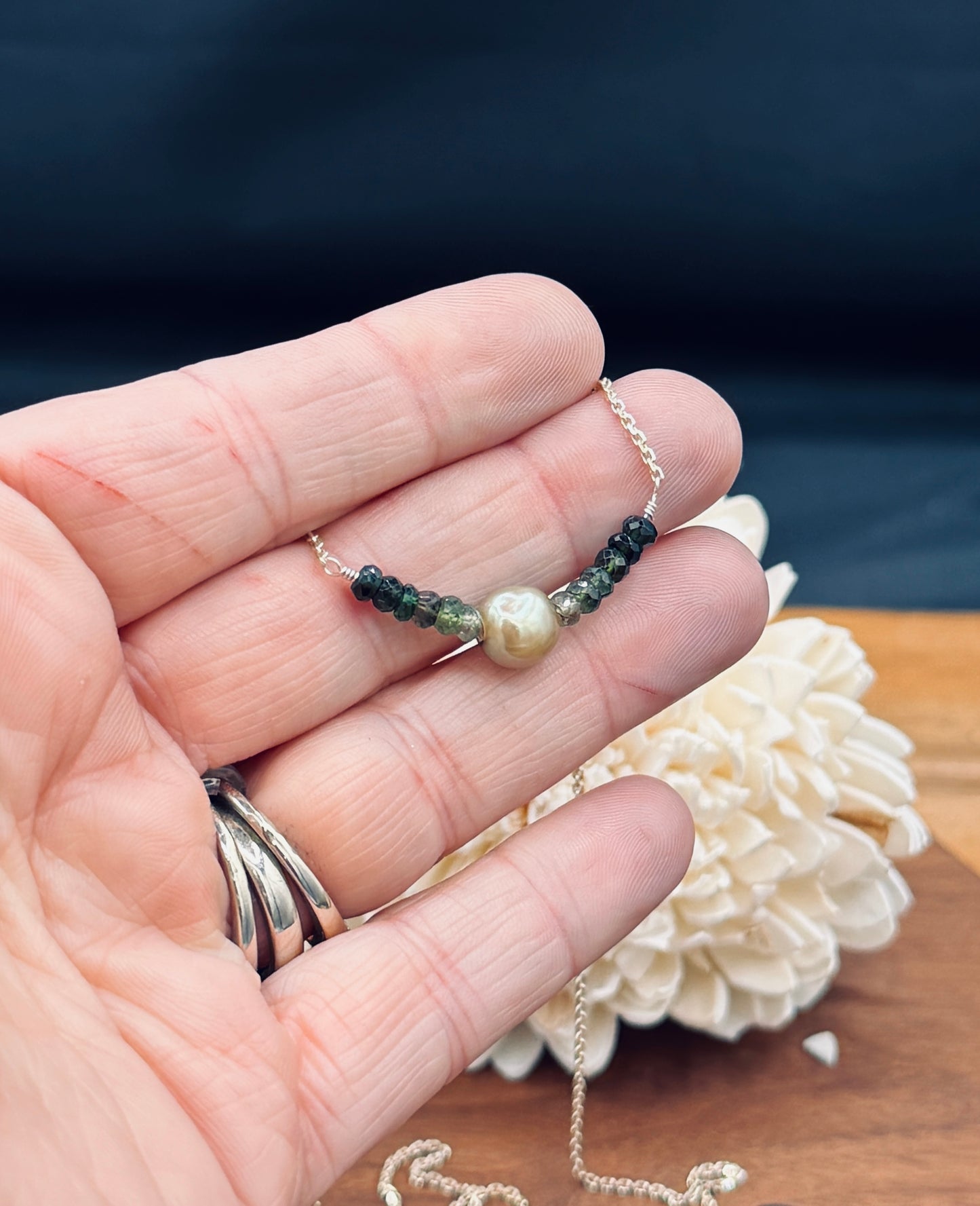 Olive Pearl and Ombre Green Tourmaline Sterling Silver Necklace