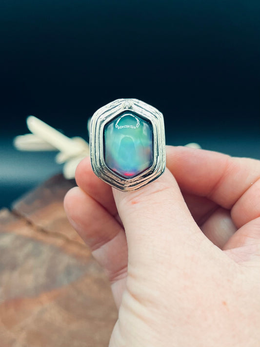 Aurora Opal Doublet Sterling Silver Statement Ring (Customizable Size)