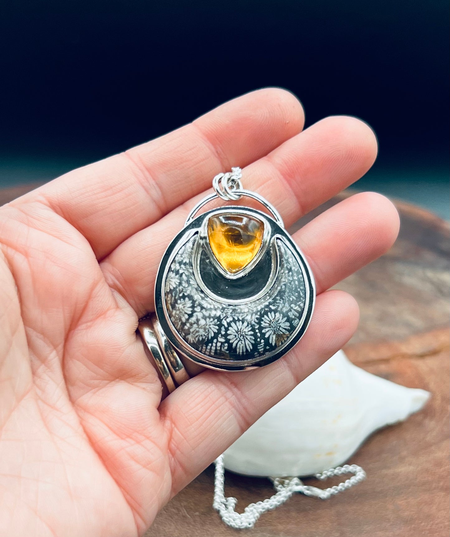 Fossilized Coral and Citrine Sterling Silver Pendant