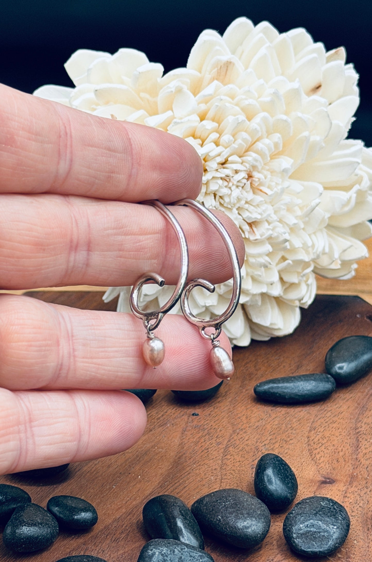 Dainty Sterling Silver Wave Hoops with Pearls