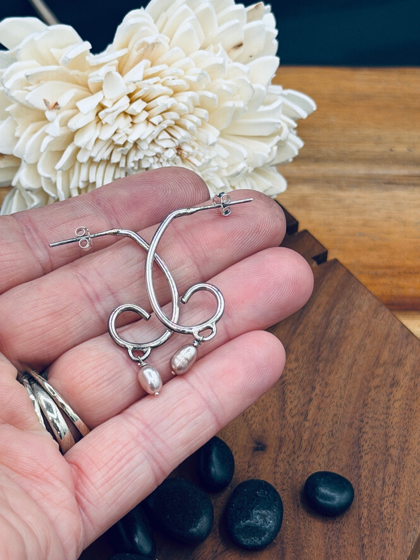 Dainty Sterling Silver Wave Hoops with Pearls