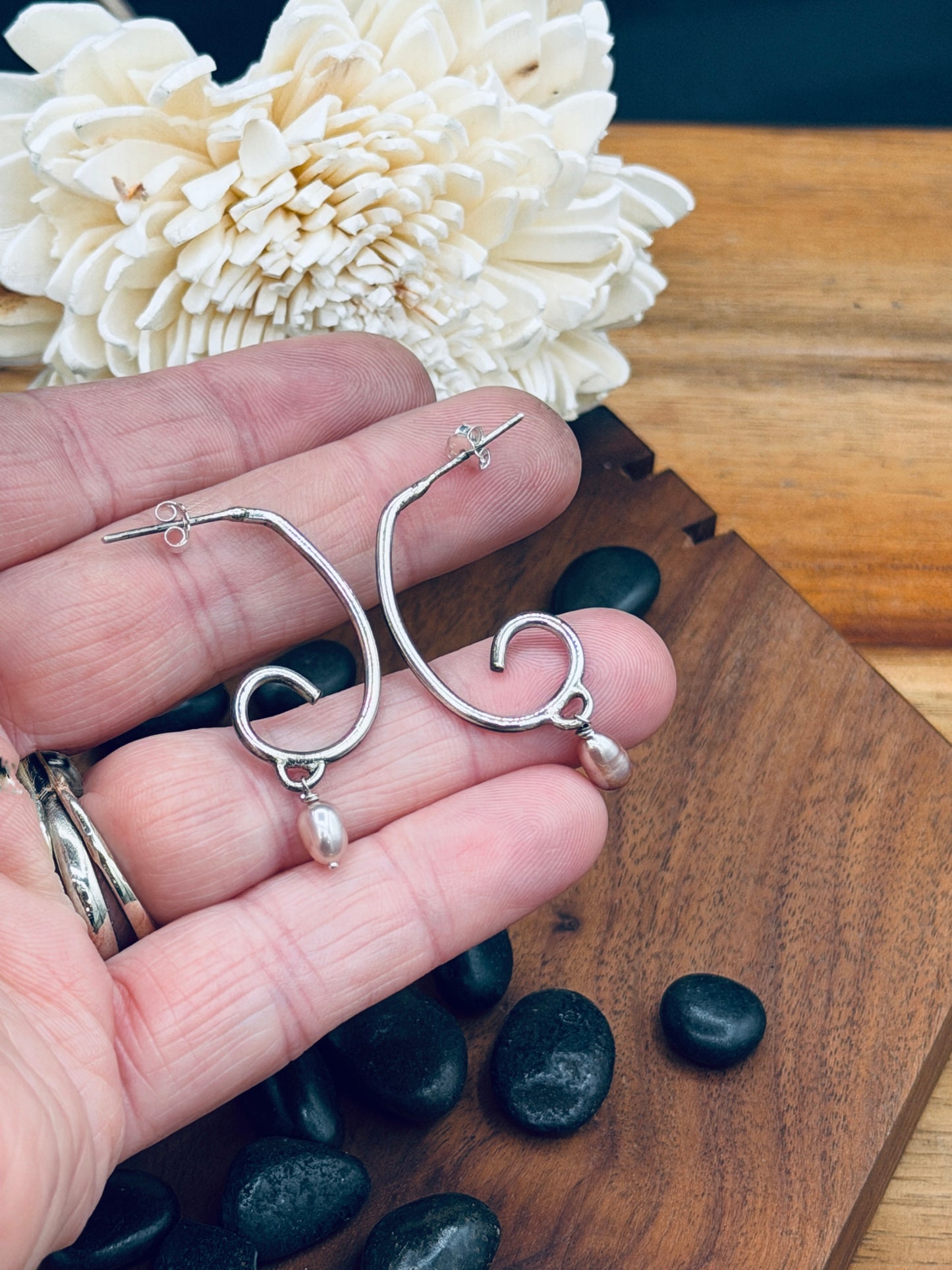 Dainty Sterling Silver Wave Hoops with Pearls