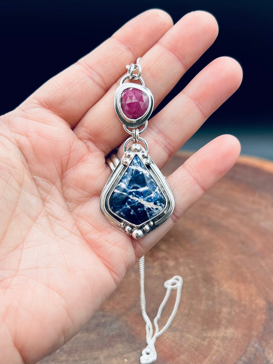 Sterling Silver Sodalite and Ruby Pendant Necklace