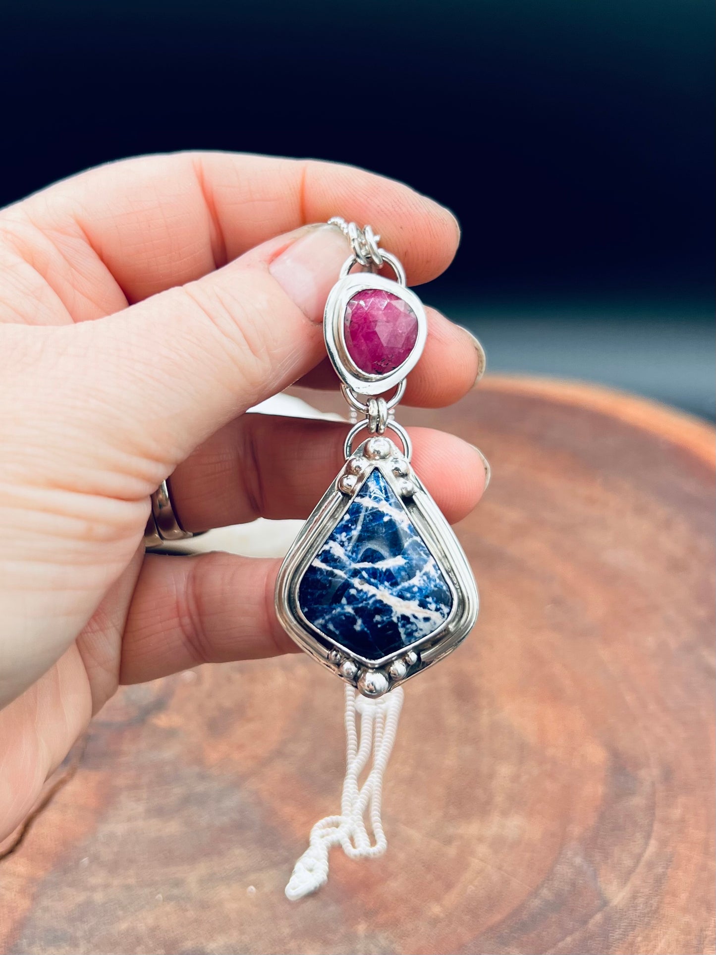 Sterling Silver Sodalite and Ruby Pendant Necklace