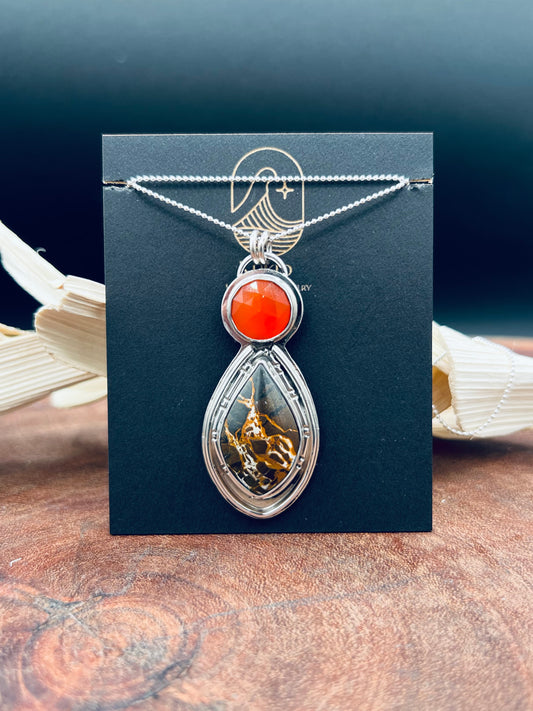 Iron Buffalo and Carnelian Sterling Silver Pendant Necklace