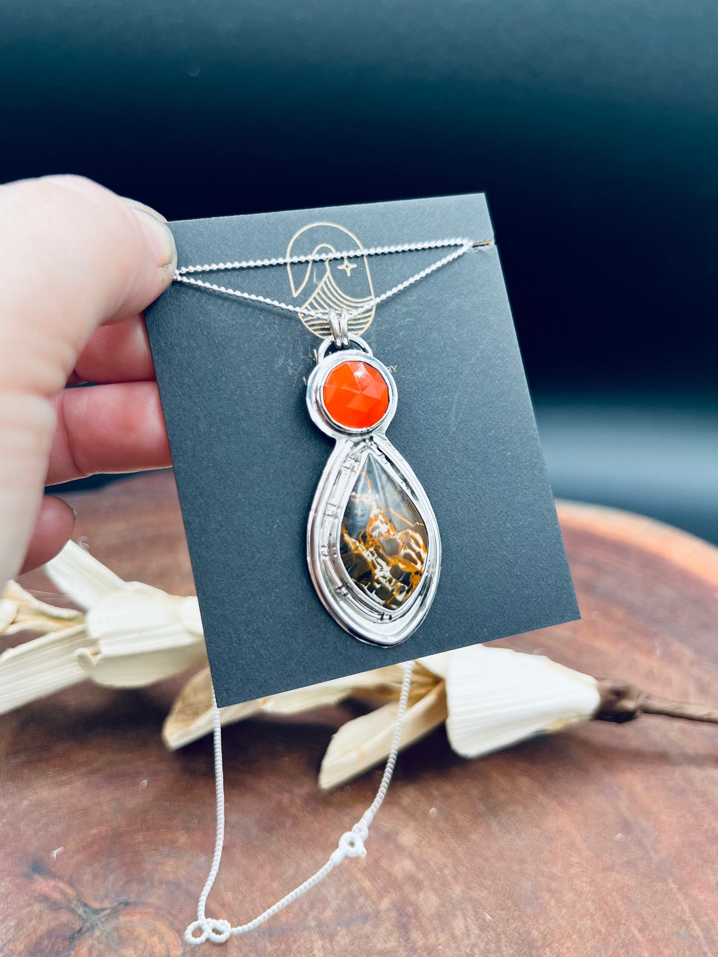 Iron Buffalo and Carnelian Sterling Silver Pendant Necklace