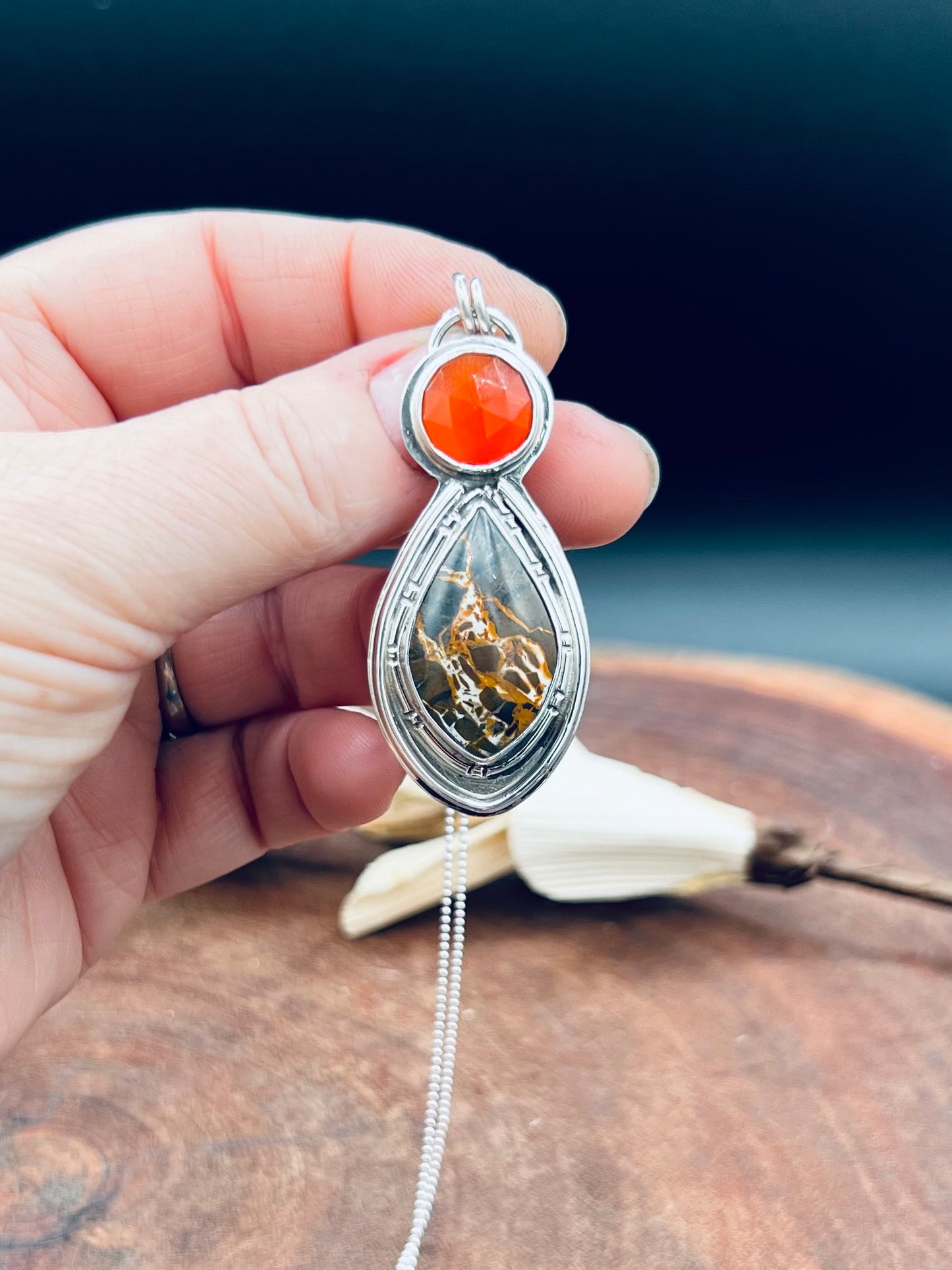 Iron Buffalo and Carnelian Sterling Silver Pendant Necklace