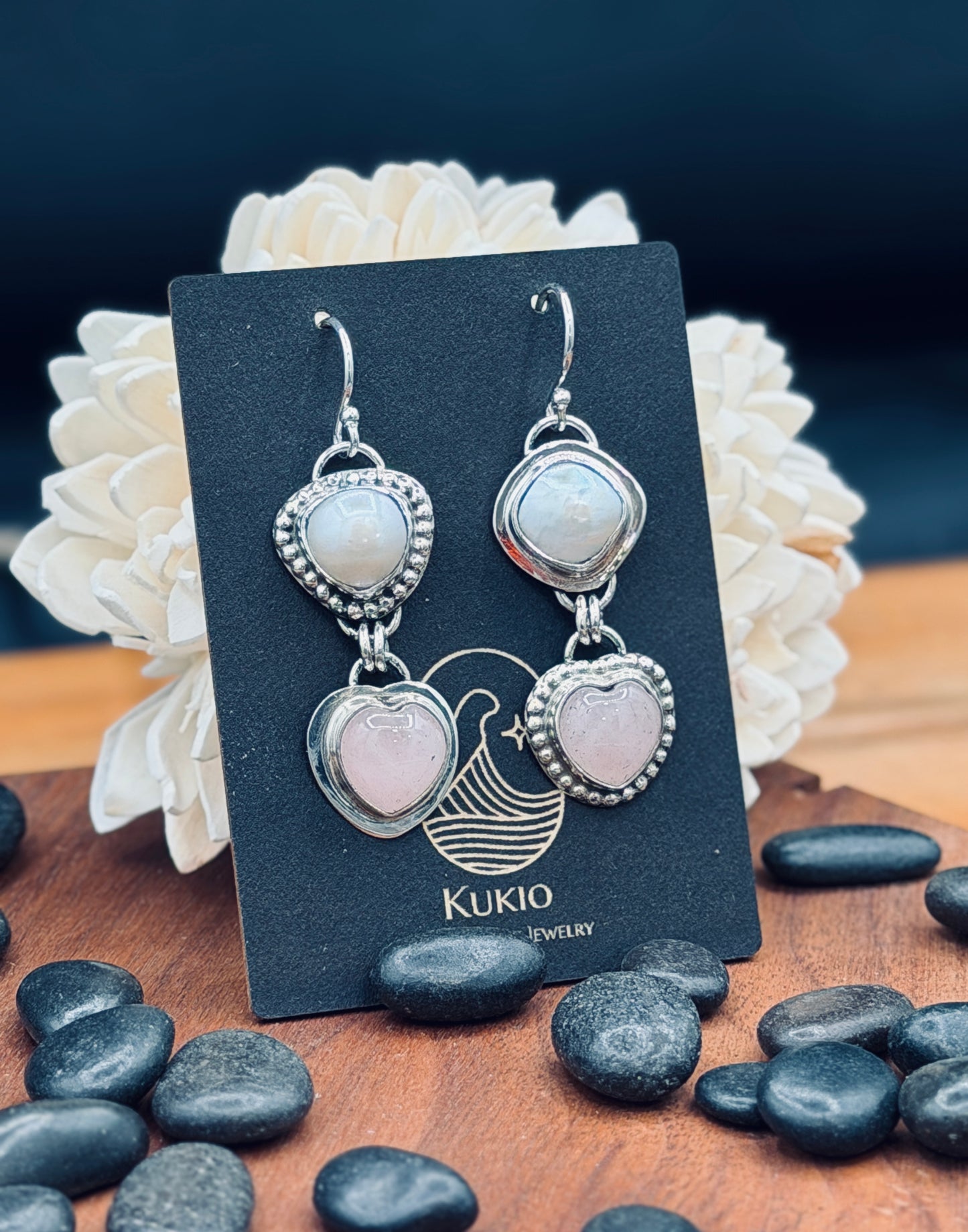 Rose Quartz Hearts and Fresh Water Pearl Sterling Silver Earrings