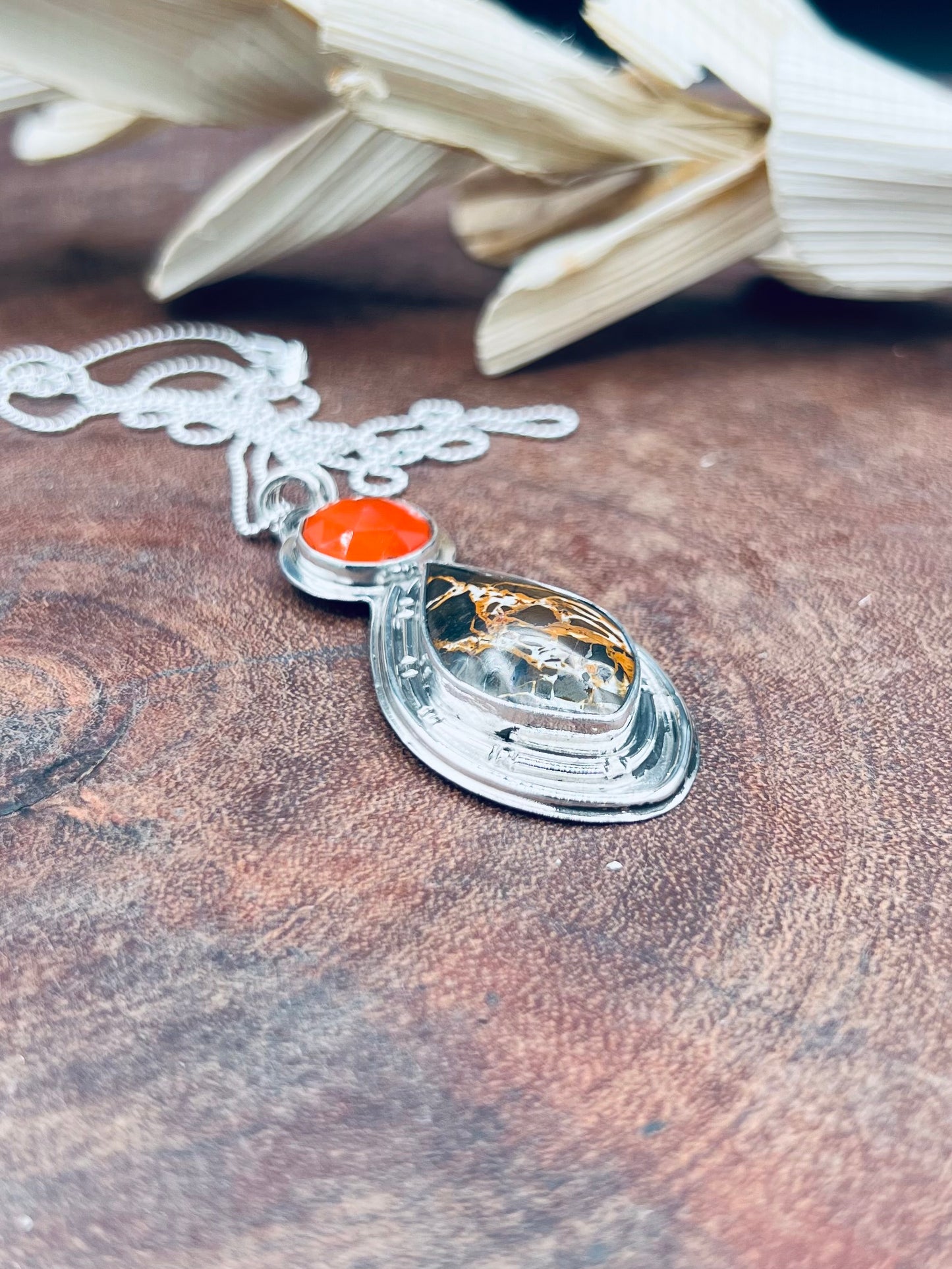 Iron Buffalo and Carnelian Sterling Silver Pendant Necklace