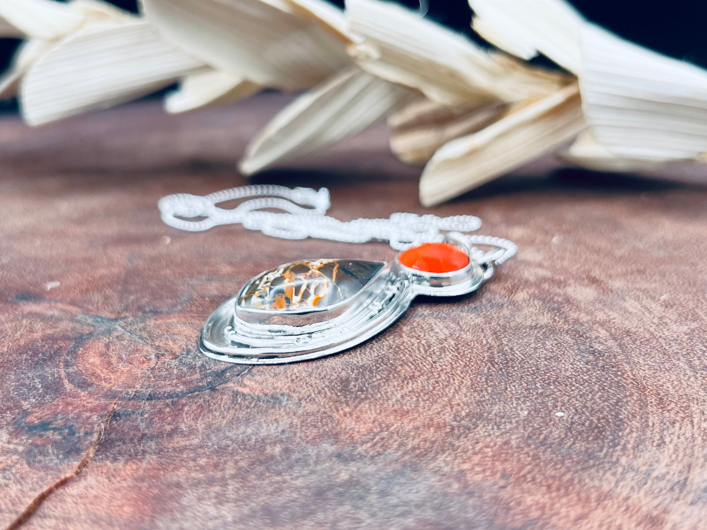Iron Buffalo and Carnelian Sterling Silver Pendant Necklace