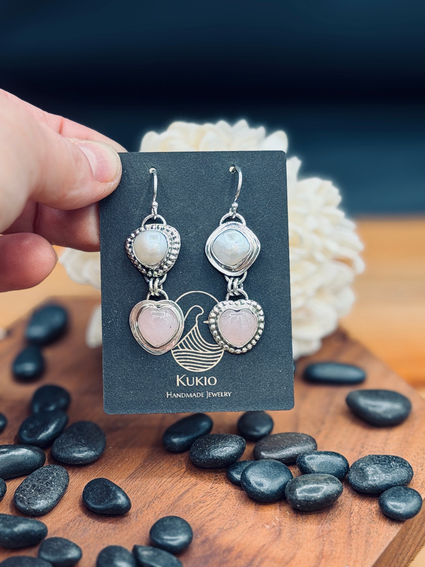 Rose Quartz Hearts and Fresh Water Pearl Sterling Silver Earrings