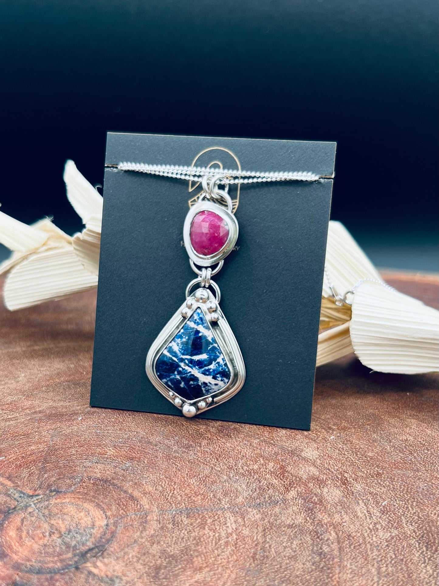 Sterling Silver Sodalite and Ruby Pendant Necklace