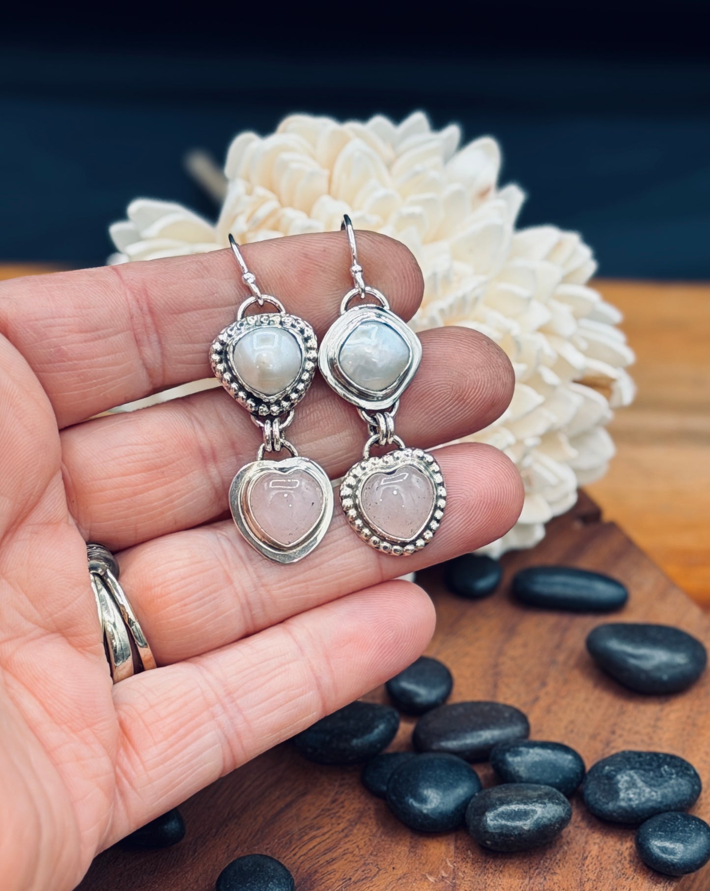 Rose Quartz Hearts and Fresh Water Pearl Sterling Silver Earrings