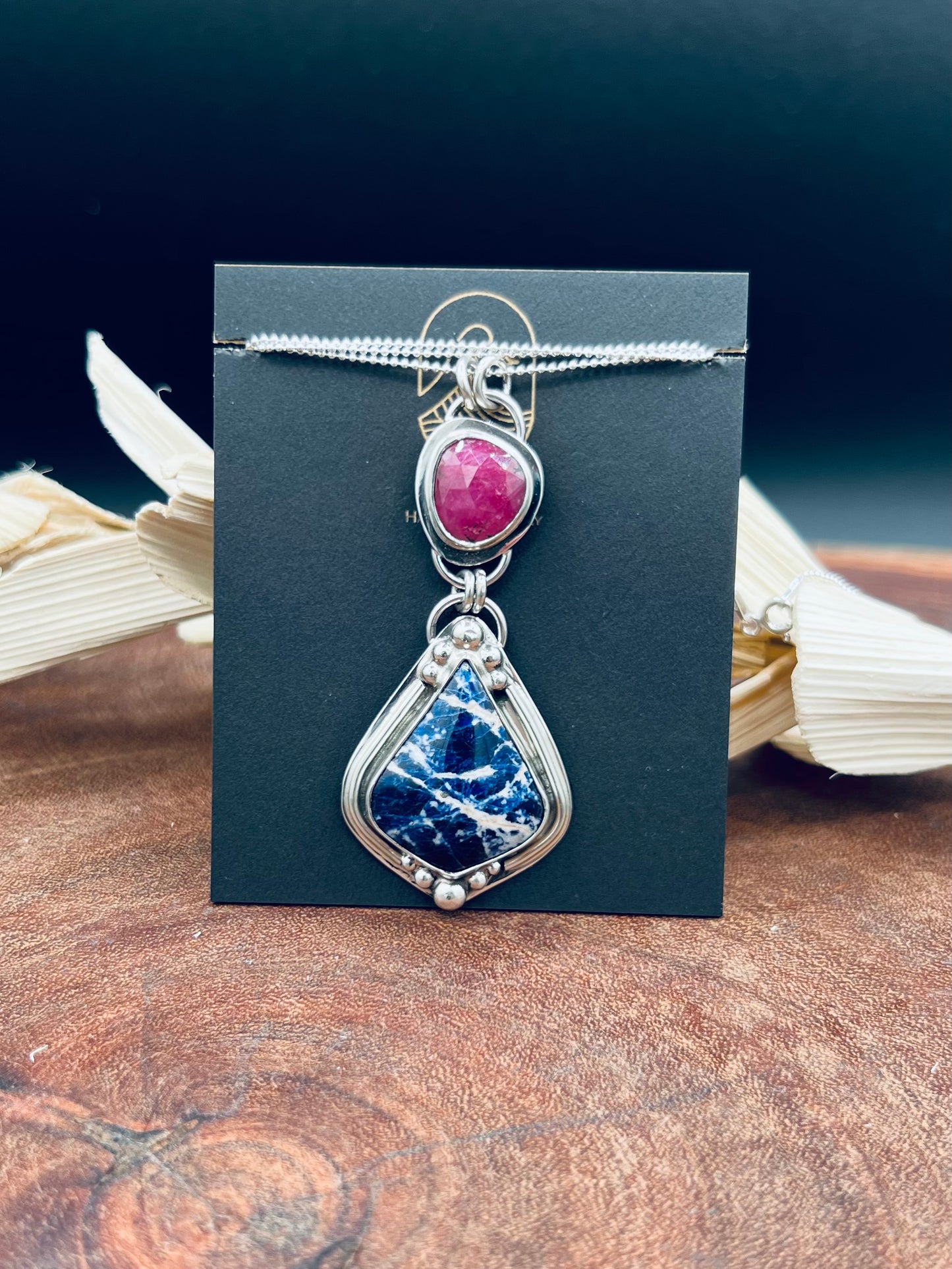 Sterling Silver Sodalite and Ruby Pendant Necklace