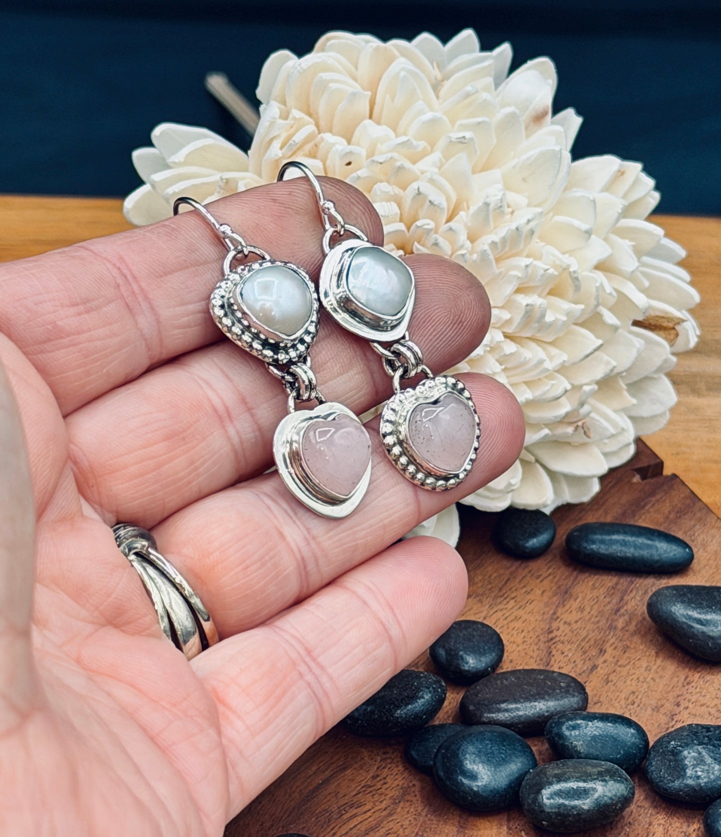 Rose Quartz Hearts and Fresh Water Pearl Sterling Silver Earrings