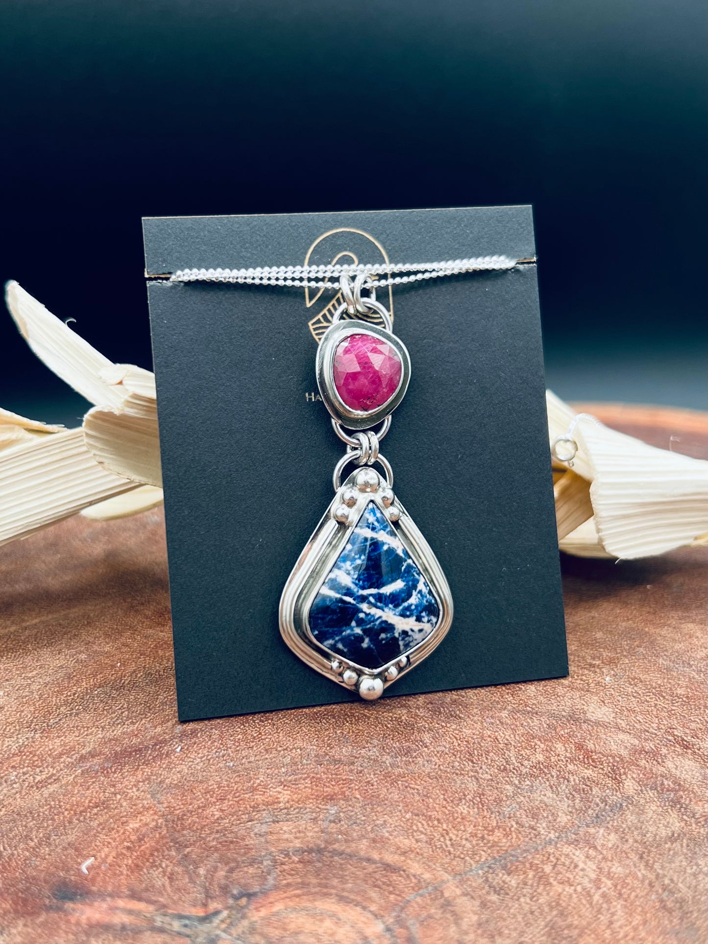 Sterling Silver Sodalite and Ruby Pendant Necklace