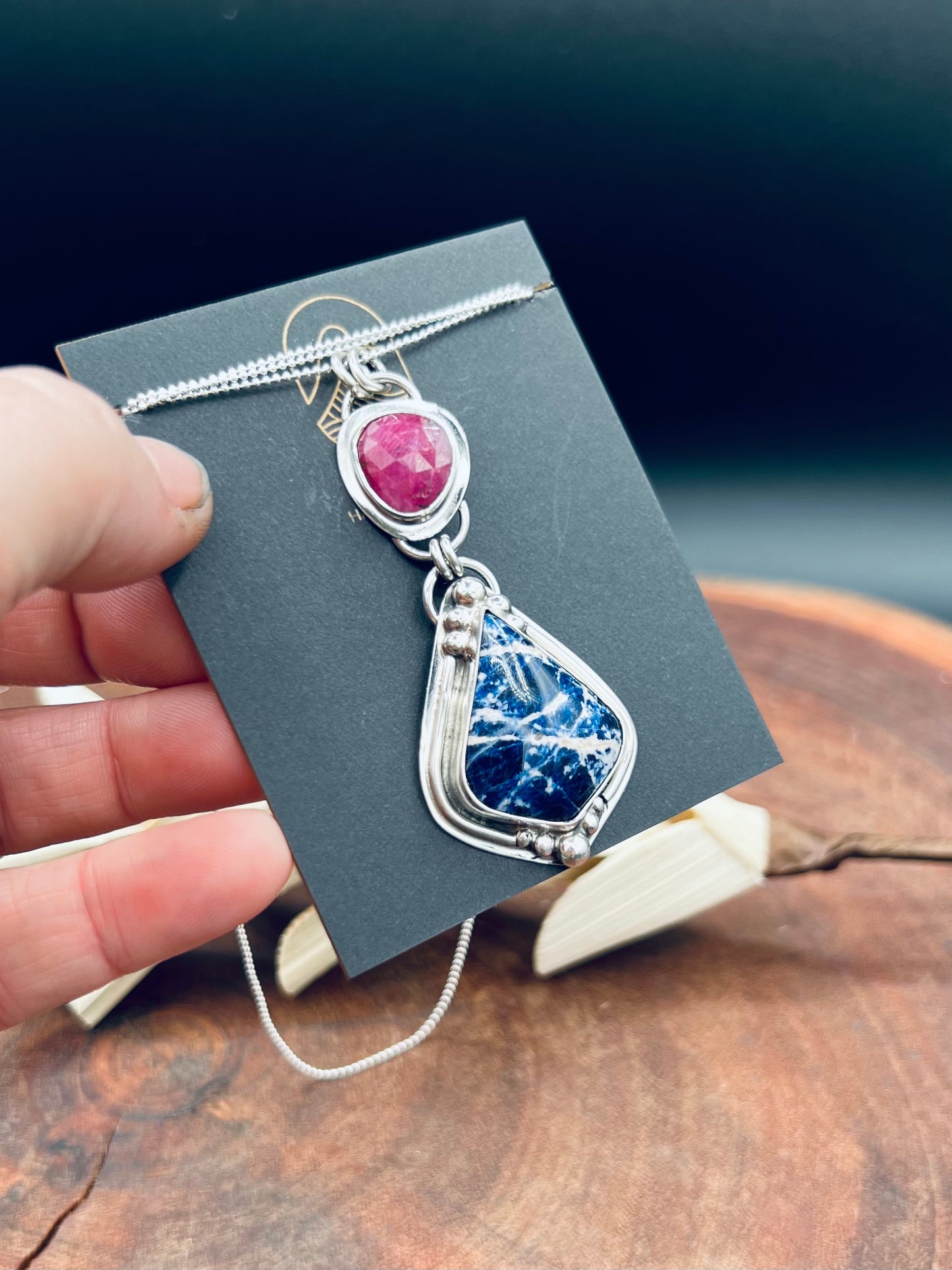 Sterling Silver Sodalite and Ruby Pendant Necklace