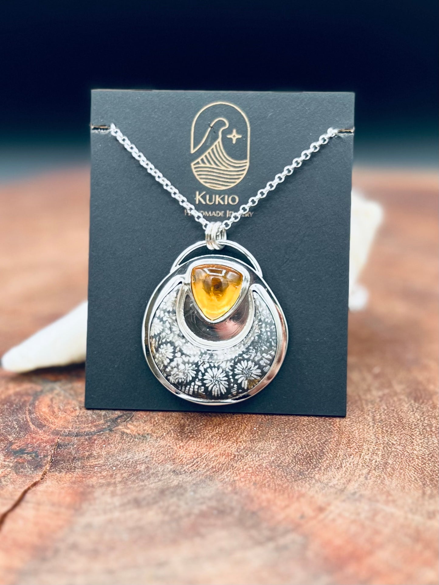 Fossilized Coral and Citrine Sterling Silver Pendant