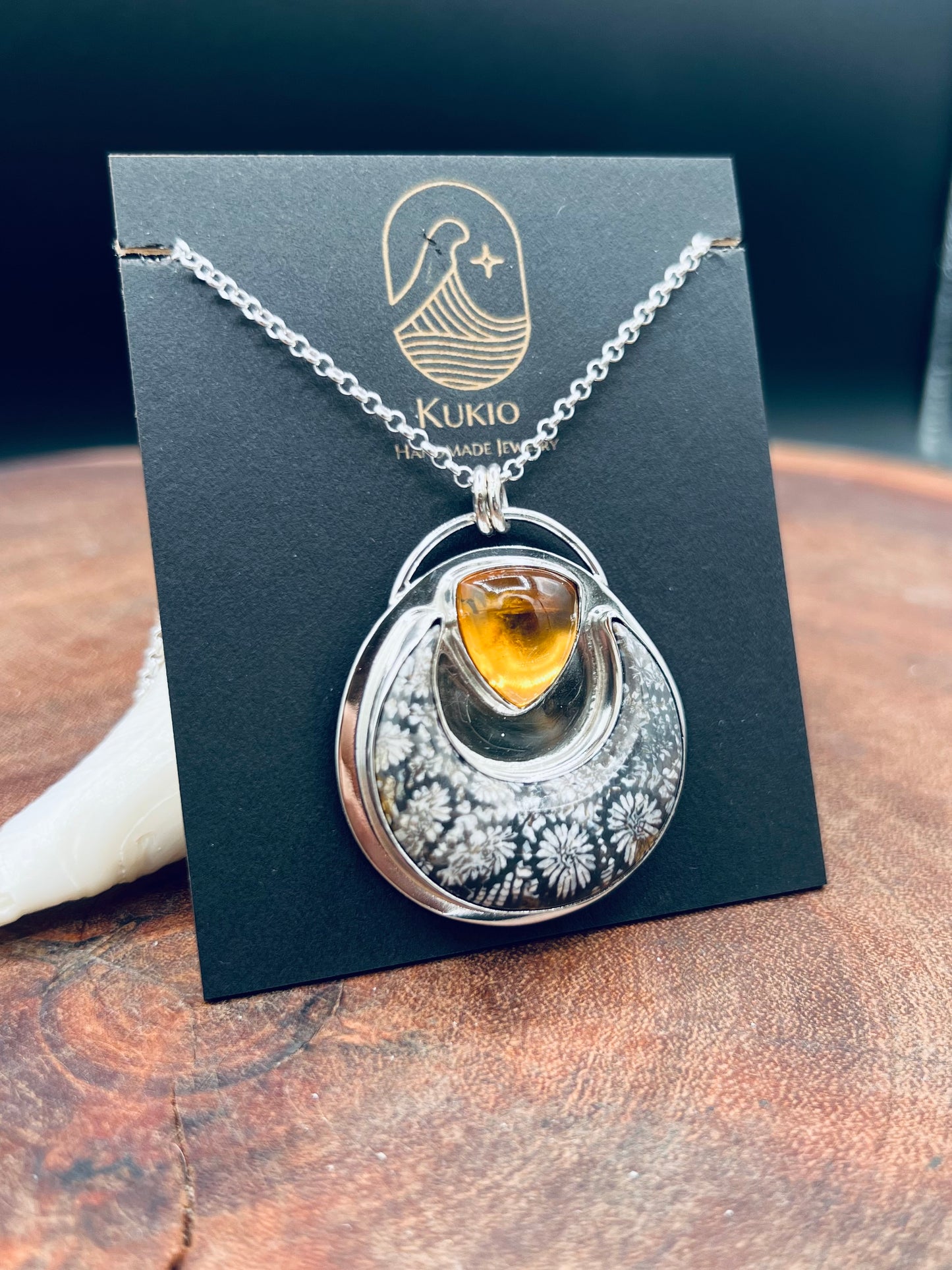 Fossilized Coral and Citrine Sterling Silver Pendant