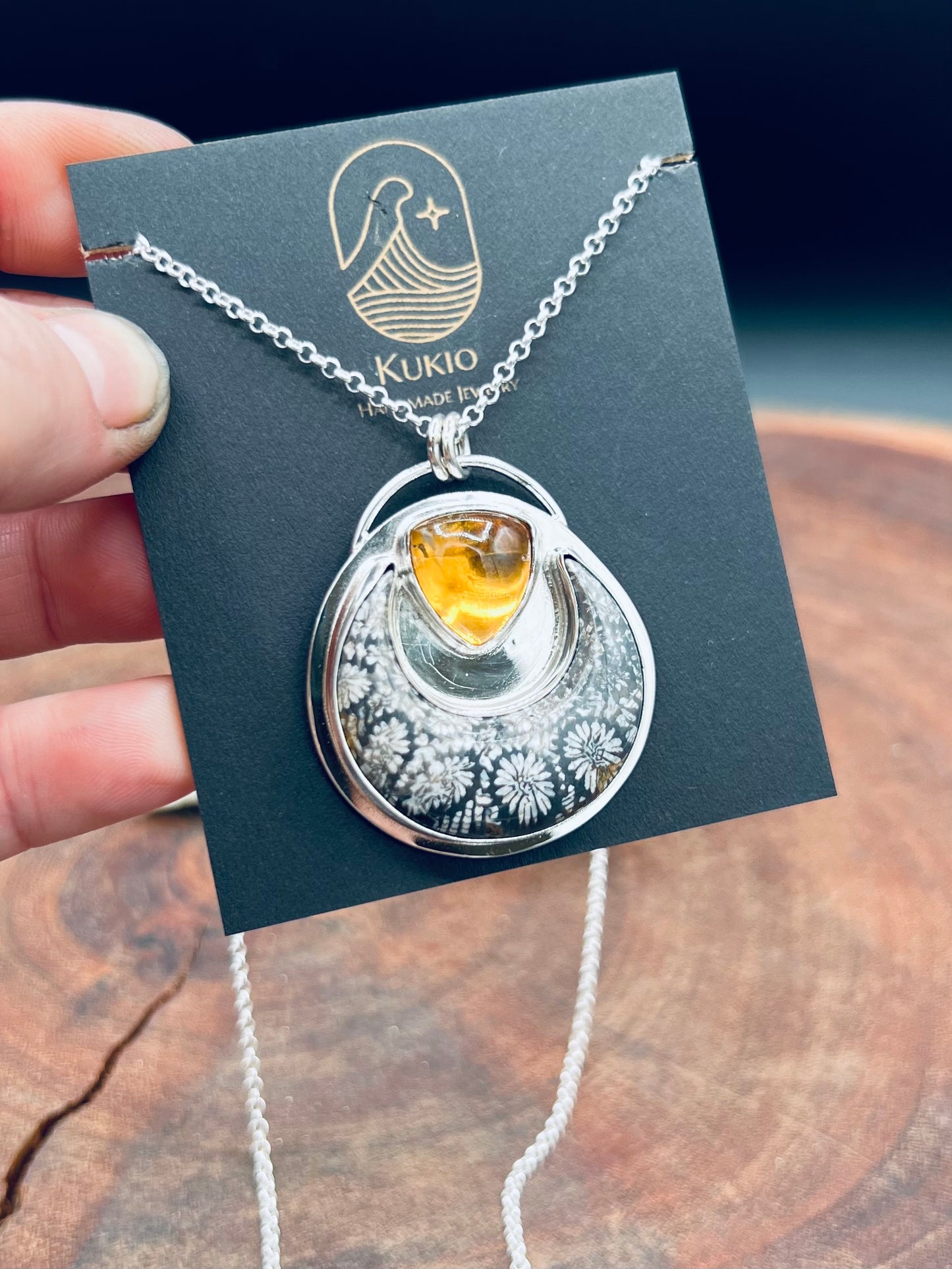 Fossilized Coral and Citrine Sterling Silver Pendant