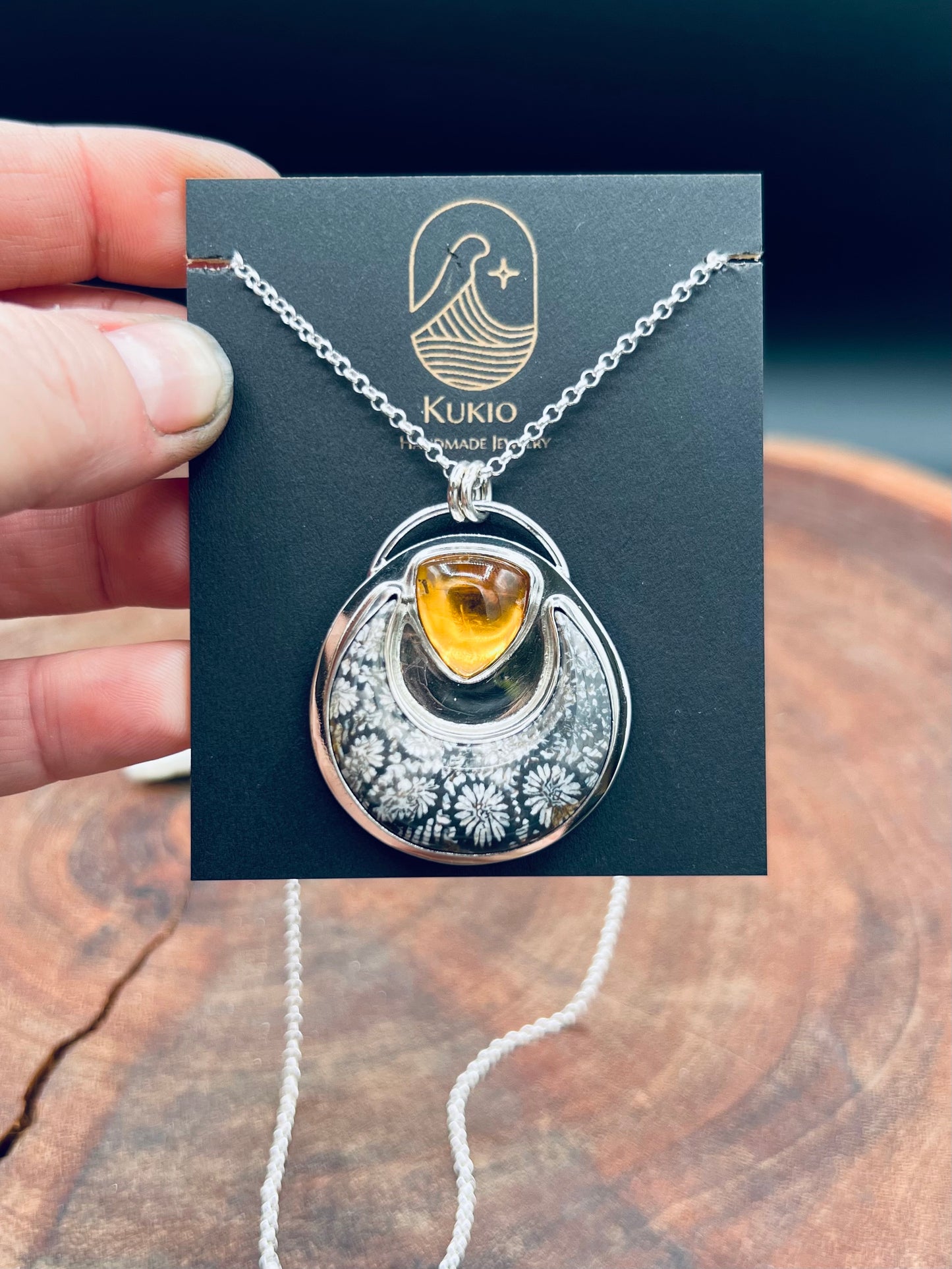 Fossilized Coral and Citrine Sterling Silver Pendant