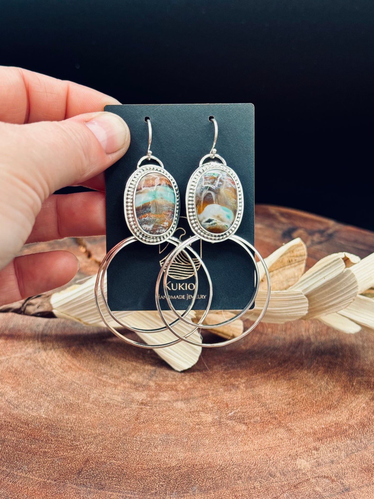 Sterling Silver Opalized Wood Hoop Earrings