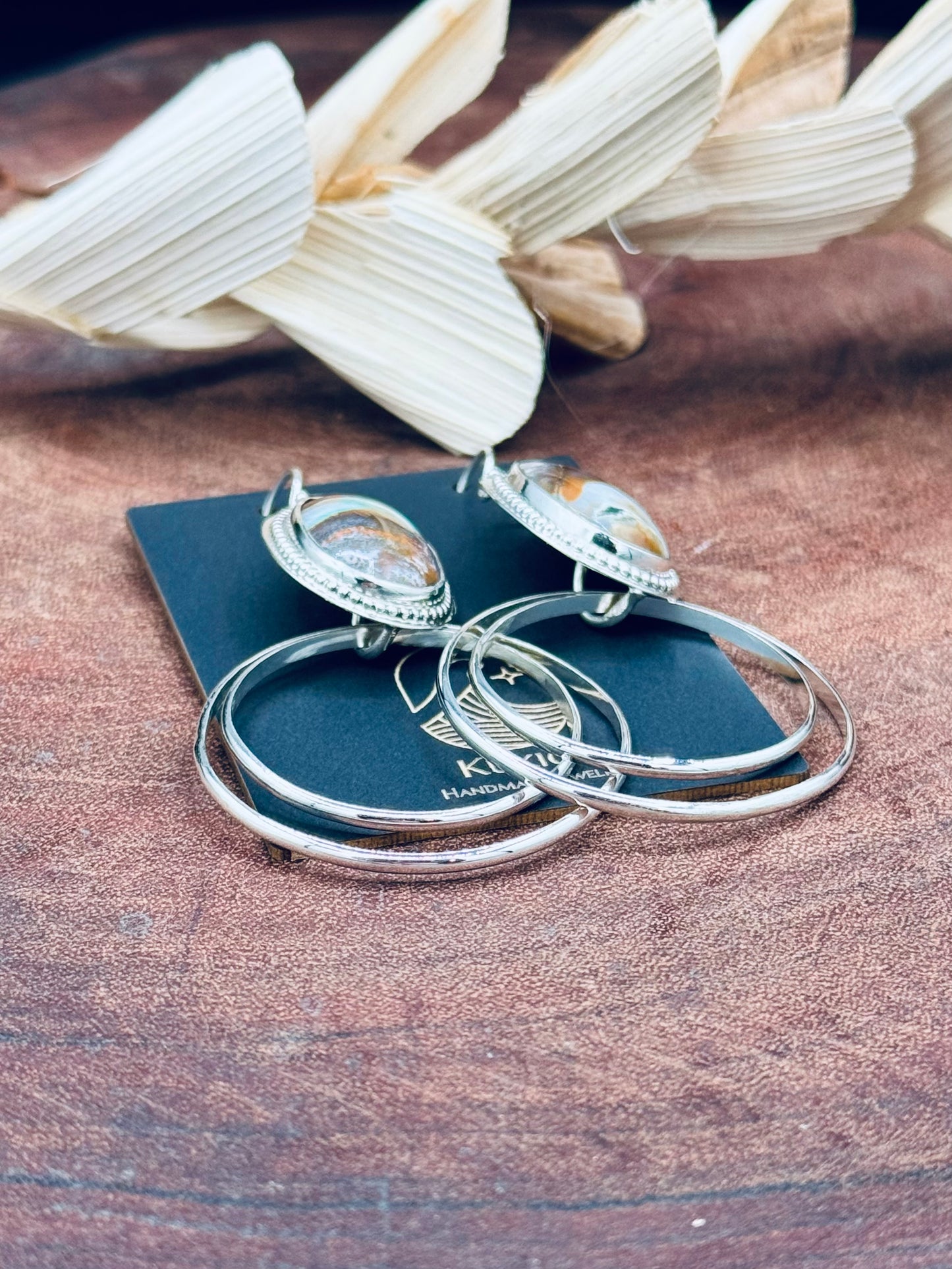 Sterling Silver Opalized Wood Hoop Earrings