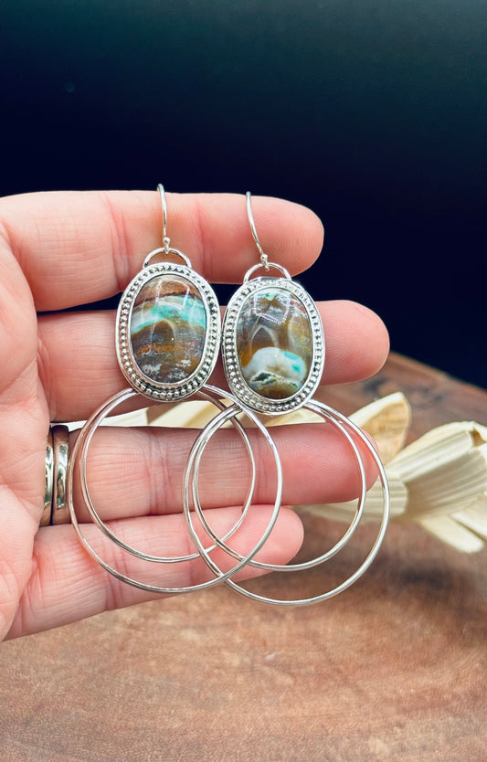 Sterling Silver Opalized Wood Hoop Earrings