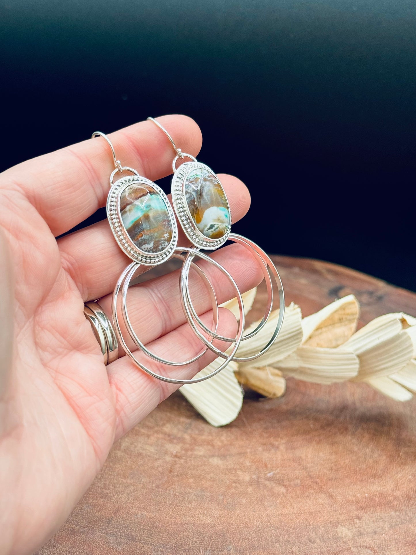 Sterling Silver Opalized Wood Hoop Earrings