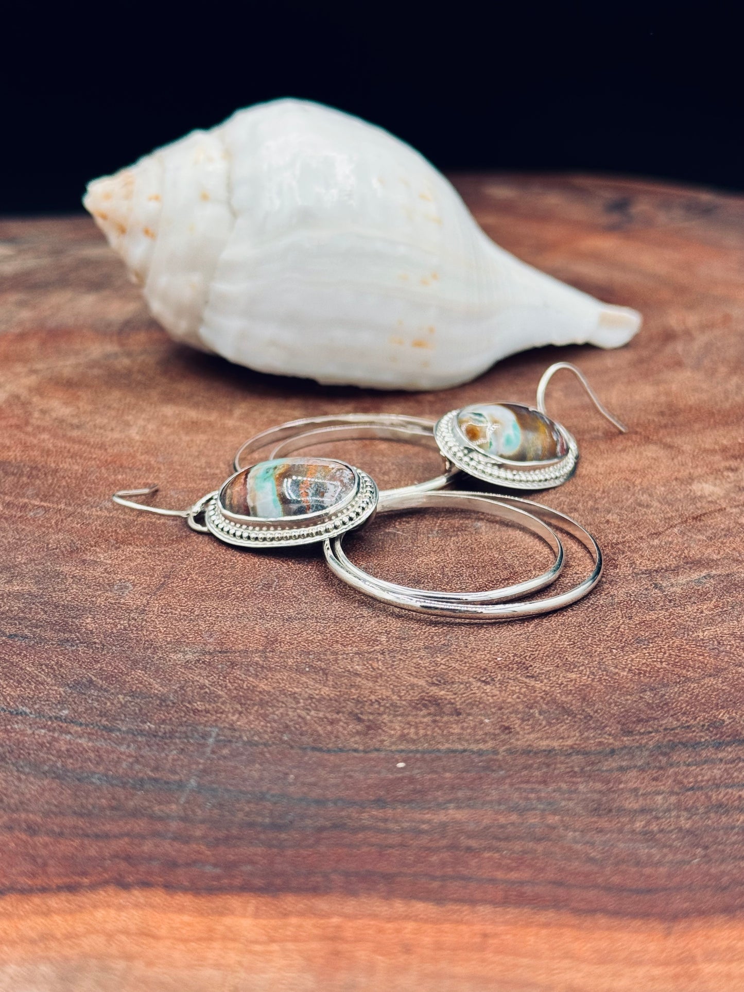 Sterling Silver Opalized Wood Hoop Earrings