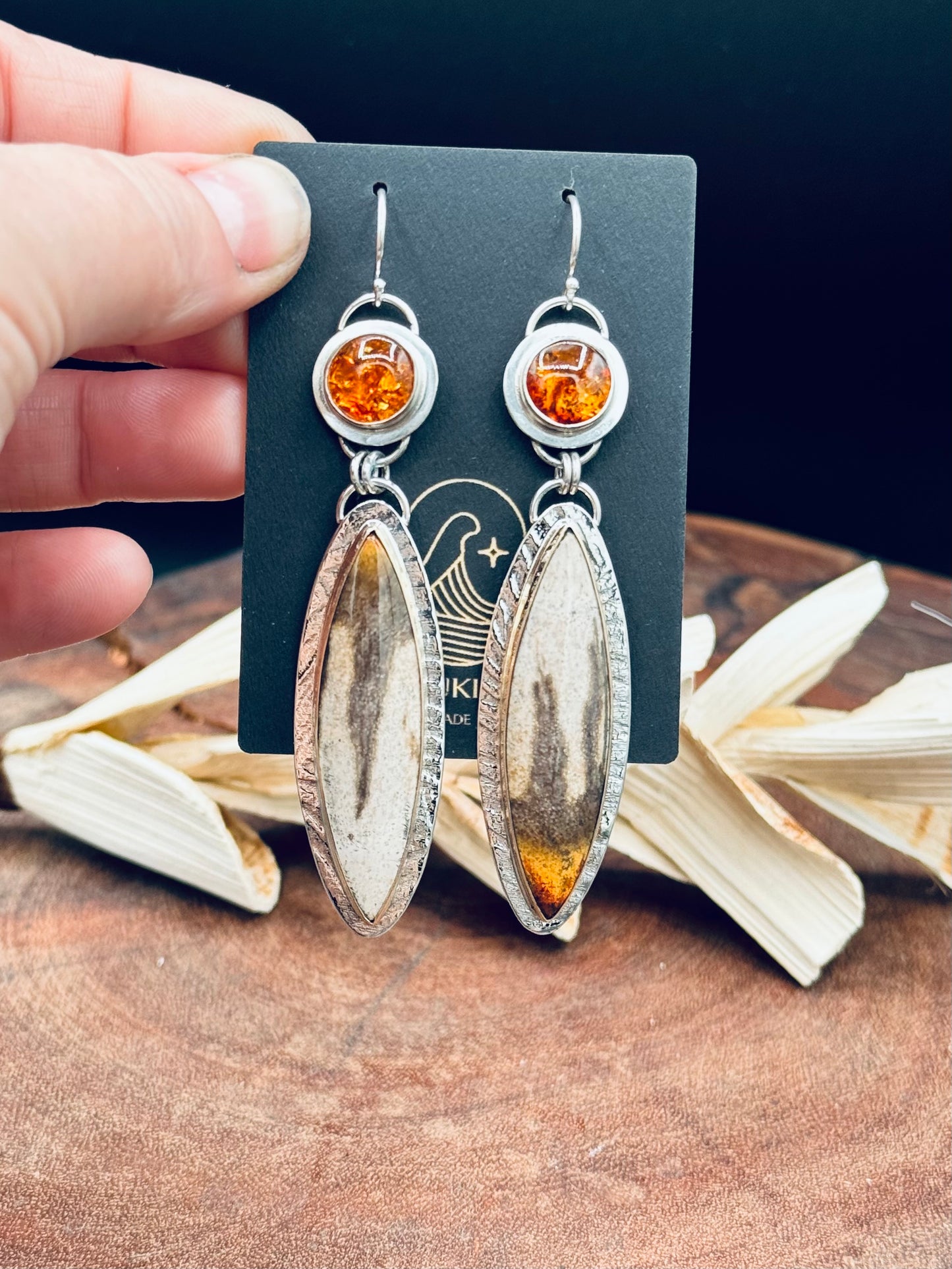 Smokey Petrified Wood with Baltic Amber Sterling Silver Earrings