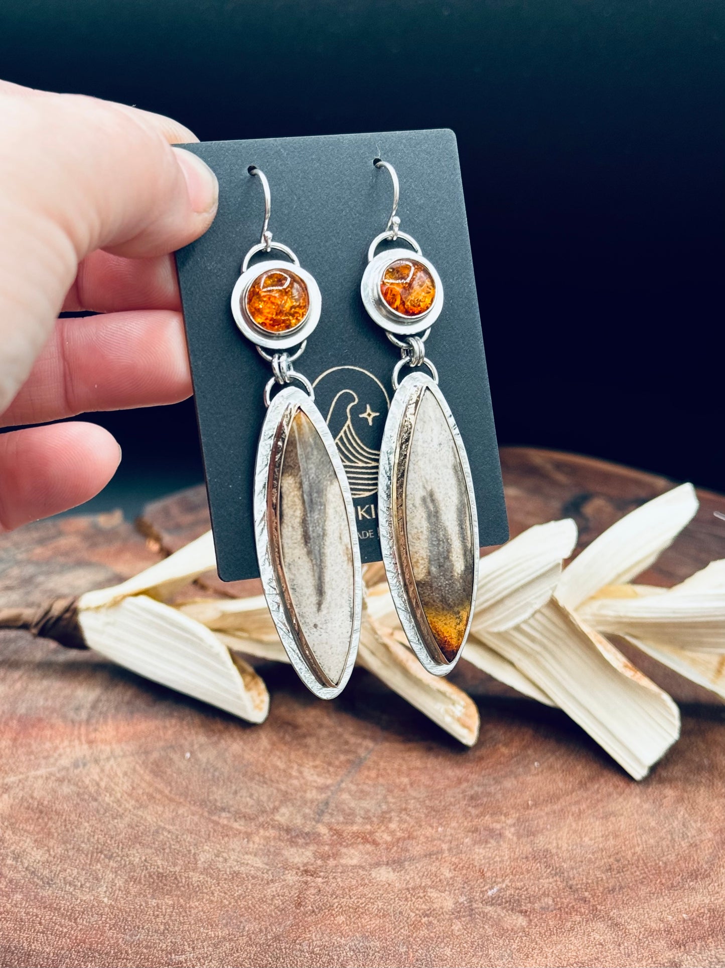 Smokey Petrified Wood with Baltic Amber Sterling Silver Earrings