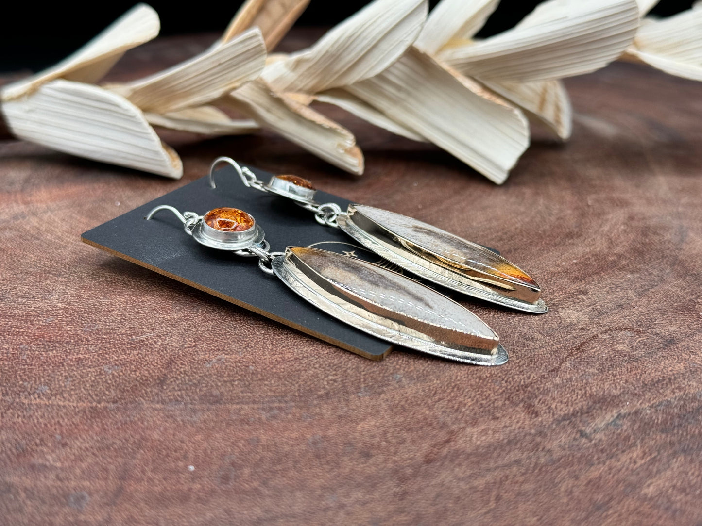 Smokey Petrified Wood with Baltic Amber Sterling Silver Earrings