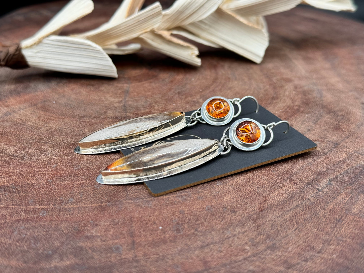 Smokey Petrified Wood with Baltic Amber Sterling Silver Earrings