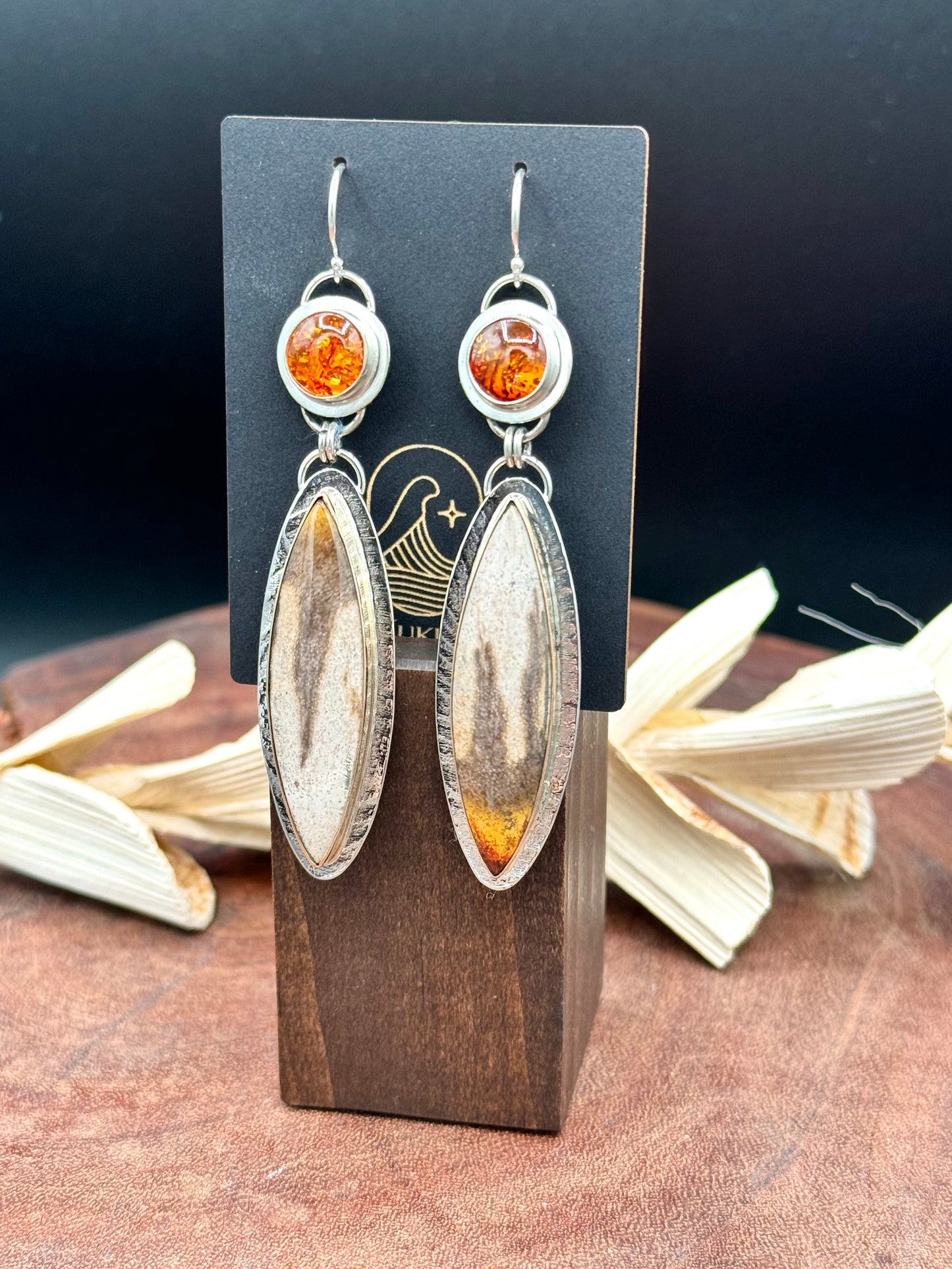 Smokey Petrified Wood with Baltic Amber Sterling Silver Earrings