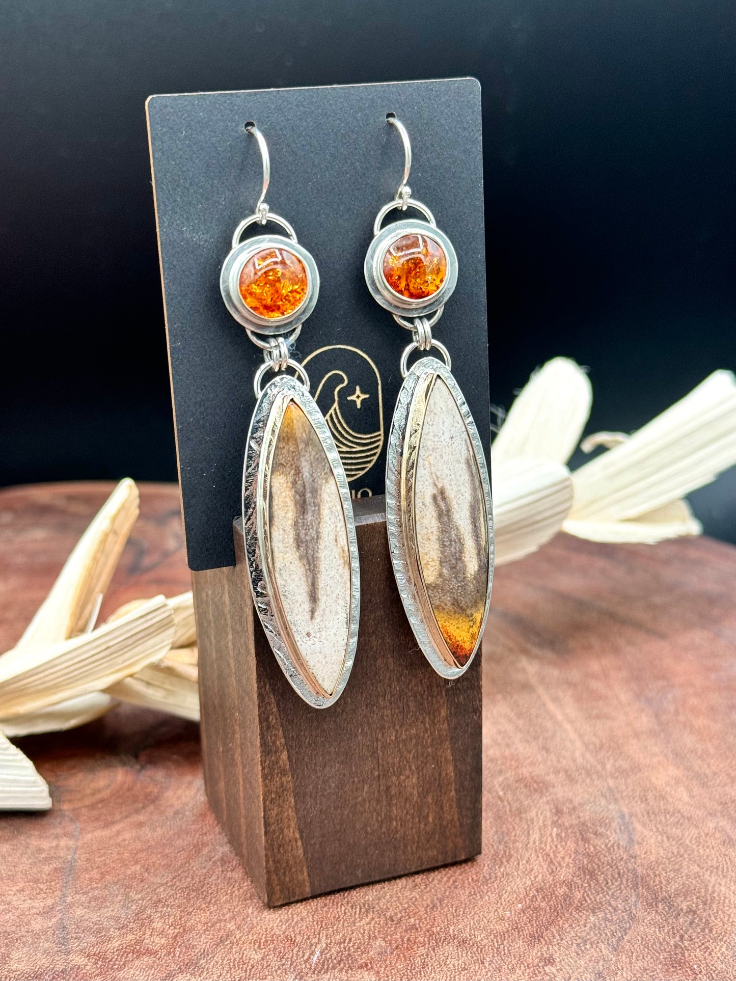 Smokey Petrified Wood with Baltic Amber Sterling Silver Earrings