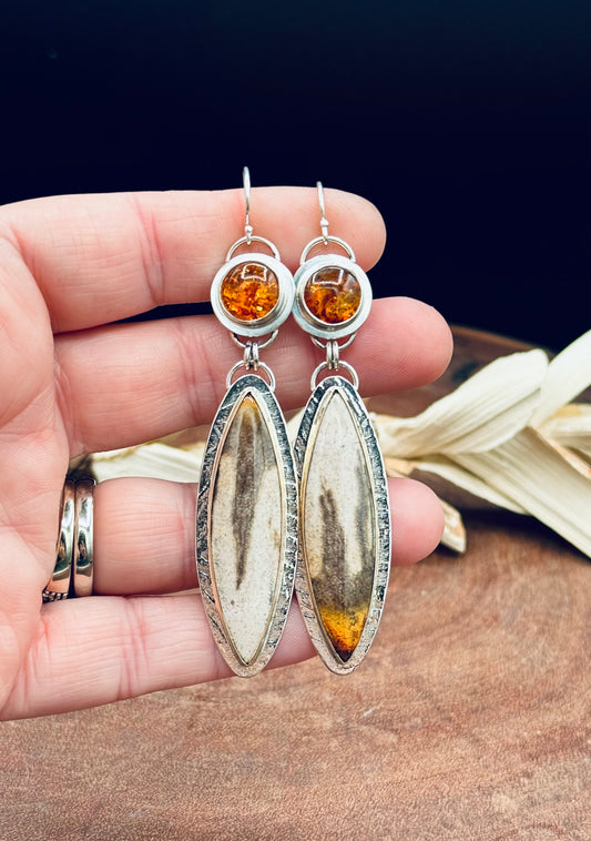 Smokey Petrified Wood with Baltic Amber Sterling Silver Earrings