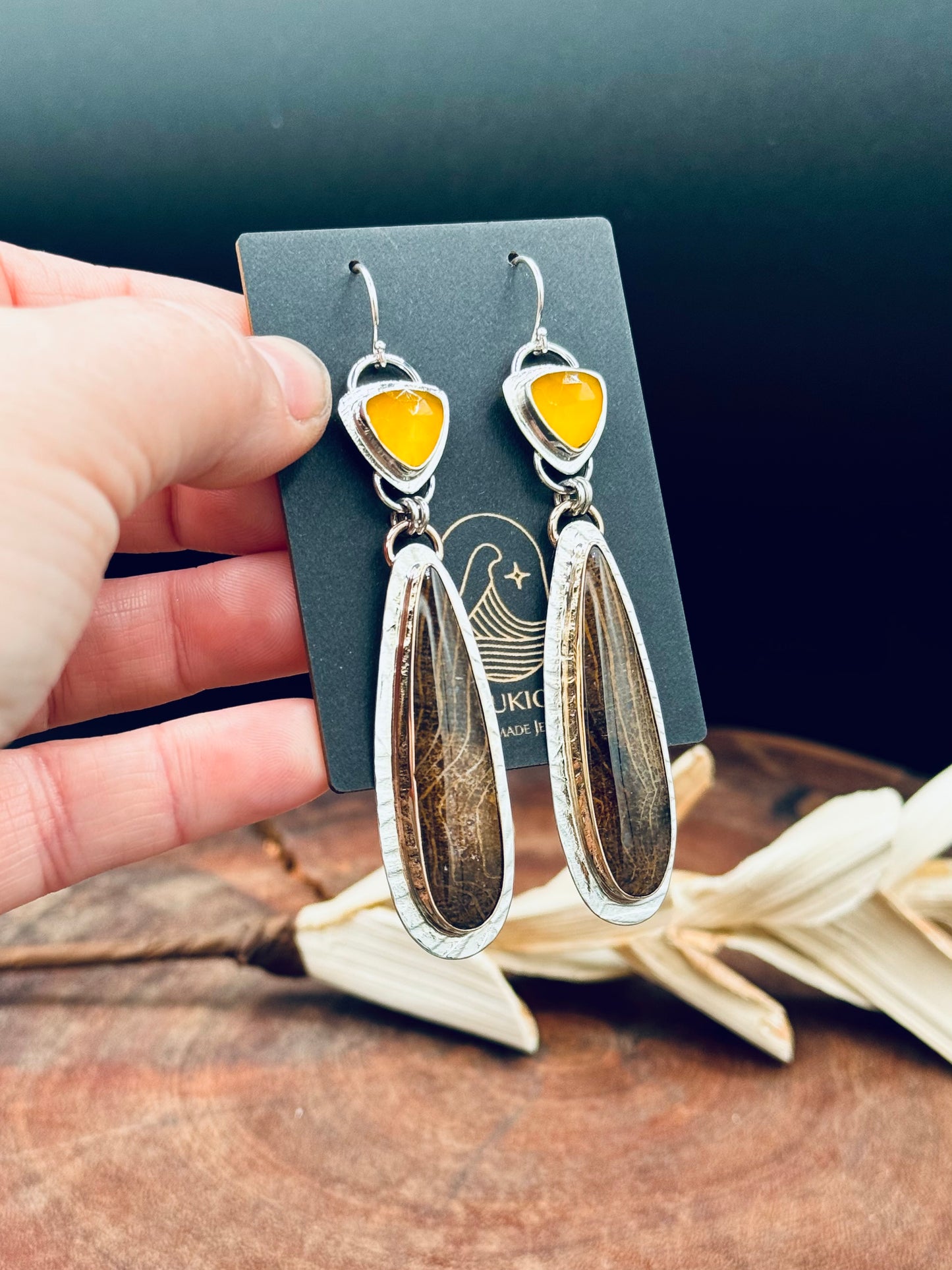 Golden Oak Petrified Wood and Yellow Chalcedony Earrings