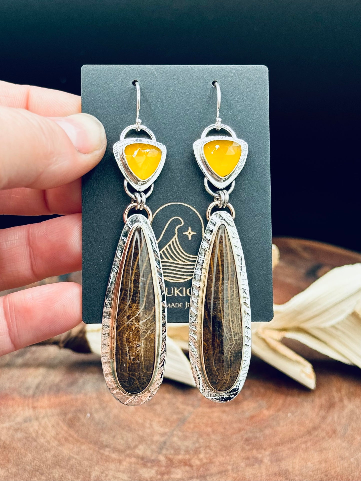 Golden Oak Petrified Wood and Yellow Chalcedony Earrings