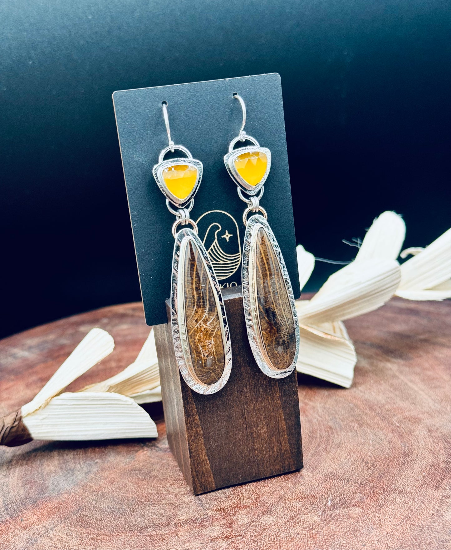 Golden Oak Petrified Wood and Yellow Chalcedony Earrings