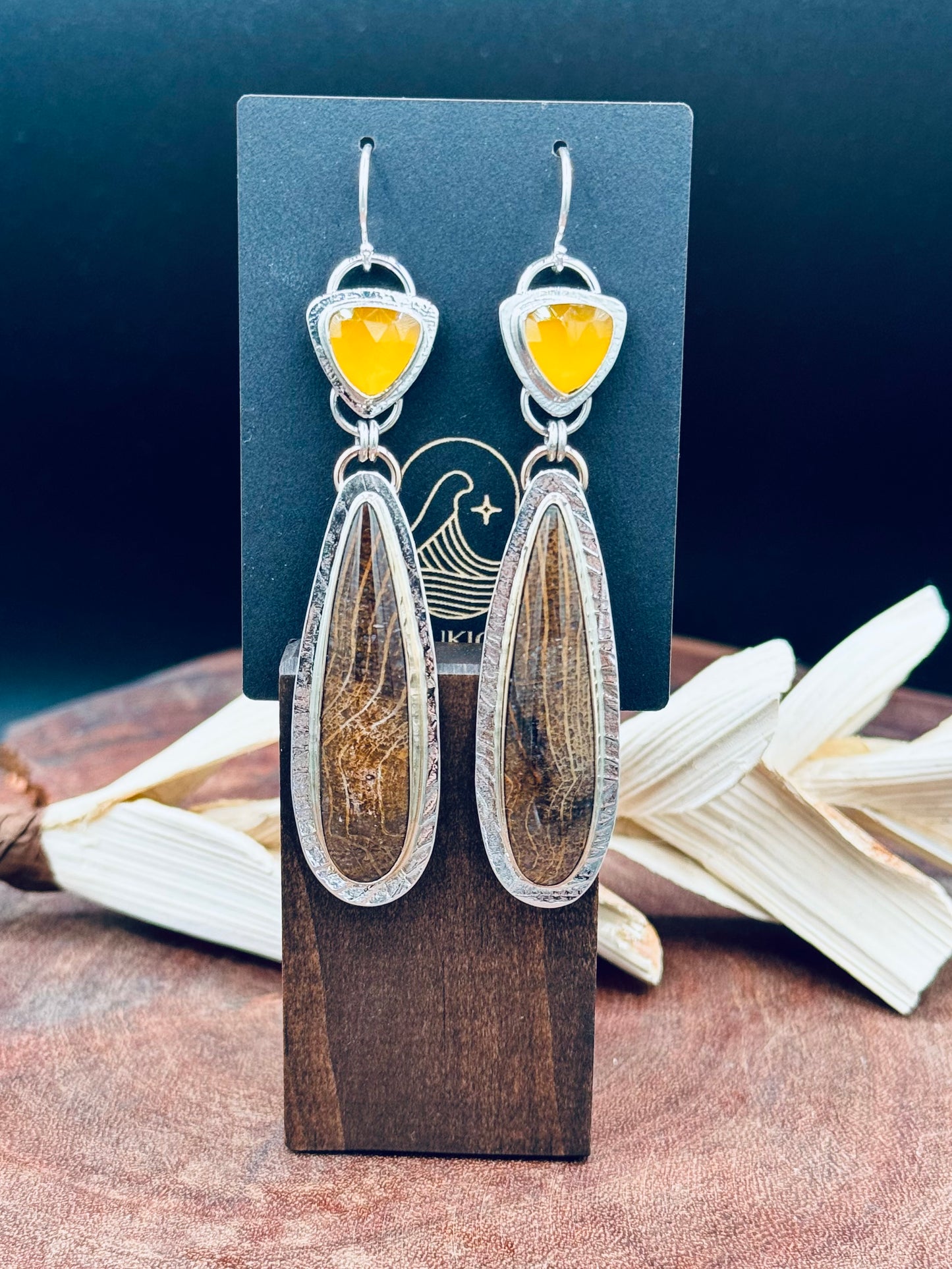 Golden Oak Petrified Wood and Yellow Chalcedony Earrings