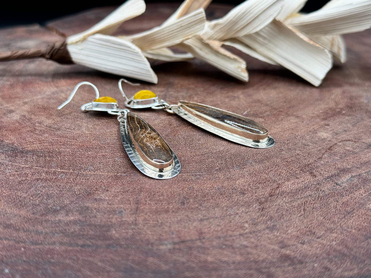 Golden Oak Petrified Wood and Yellow Chalcedony Earrings